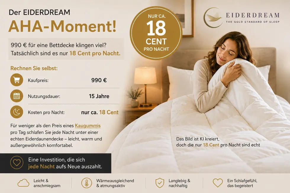 Eiderdaunendecke ab nur 18 Cent pro Nacht - KI generiert
