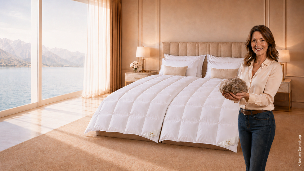 Luxuriöse Eiderdaunendecke von EIDERDREAM auf einem eleganten Bett